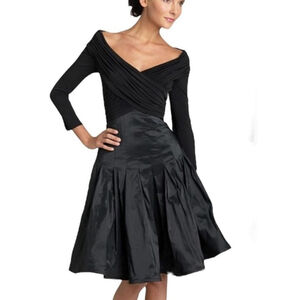 Tadashi Shoji black dress faux wrap bodice and a taffeta fit-and-flare skirt